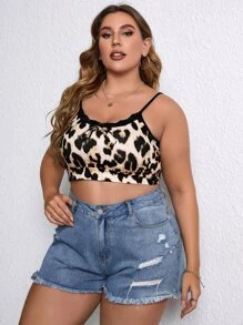 Áo hai dây Plus Size Tương phản ren Báo Giải trí - Nhiều màu - Xem 1