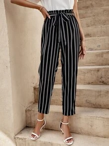 SHEIN LUNE Vertical Striped Paper Bag Waist Belted Trousers - Black - View 1