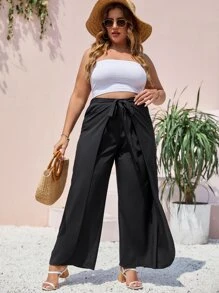 Quần Plus Size Thắt nơ trước màu trơn Giải trí - màu đen - Xem 5