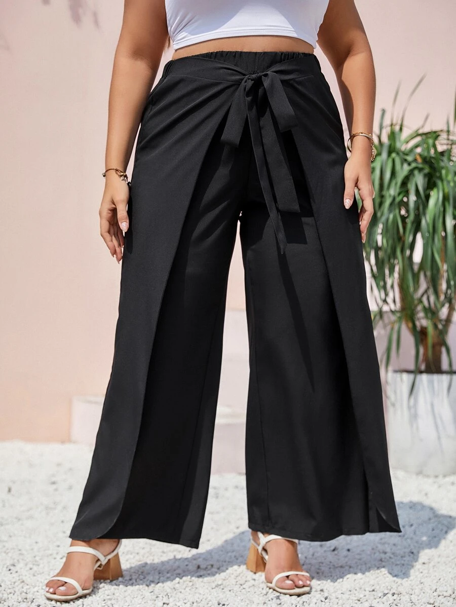 Quần Plus Size Thắt nơ trước màu trơn Giải trí - màu đen - Xem 1