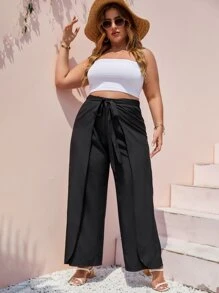 Quần Plus Size Thắt nơ trước màu trơn Giải trí - màu đen - Xem 4