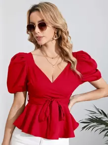SHEIN Puff Sleeve Belted Peplum Top - Red - View 1