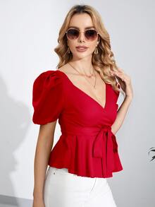 SHEIN Puff Sleeve Belted Peplum Top - Red - View 3