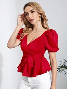 SHEIN Puff Sleeve Belted Peplum Top - Red - View 4