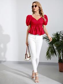 SHEIN Puff Sleeve Belted Peplum Top - Red - View 5