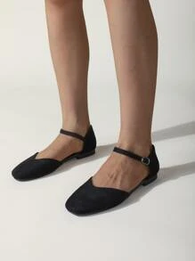 Square Toe Ankle Strap Flats - Black - View 3