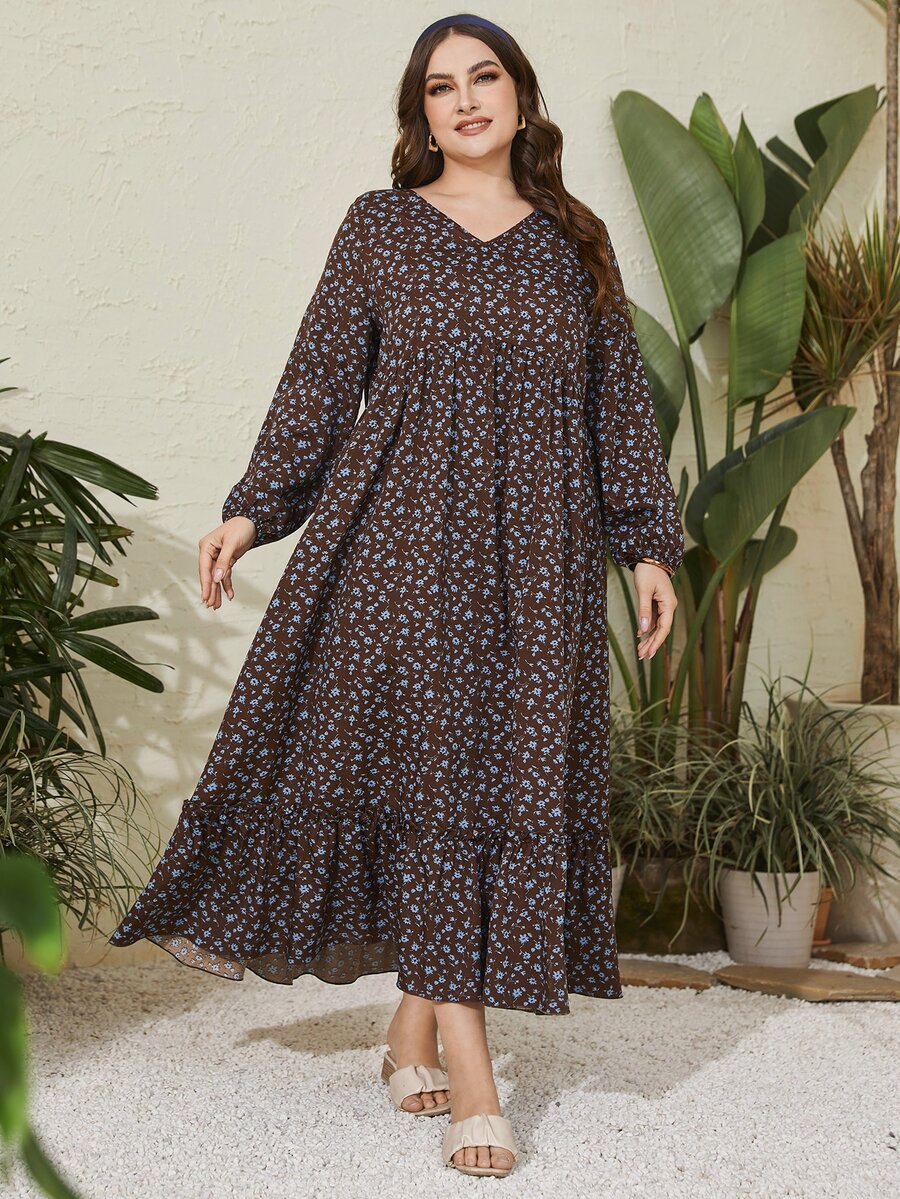 大碼小碎花燈籠袖荷葉邊洋裝 - 巧克力棕 - 查看 1