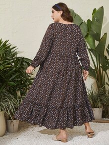 大碼小碎花燈籠袖荷葉邊洋裝 - 巧克力棕 - 查看 2