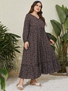 大碼小碎花燈籠袖荷葉邊洋裝 - 巧克力棕 - 查看 4