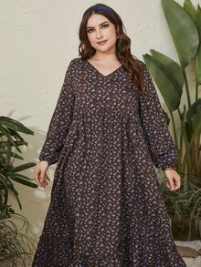 大碼小碎花燈籠袖荷葉邊洋裝 - 巧克力棕 - 查看 5