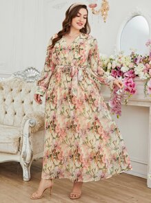 Mulvari Plus Size Allover Floral Print Surplice Neck Belted Dress - Multicolor - View 1