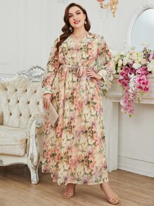 Mulvari Plus Size Allover Floral Print Surplice Neck Belted Dress - Multicolor - View 3