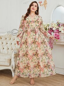 Mulvari Plus Size Allover Floral Print Surplice Neck Belted Dress - Multicolor - View 4