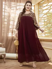 Lacomfia 勃艮第红色加大巴洛克印花连衣裙，适合圣诞节长款女装 - 酒紅色 - 查看 1