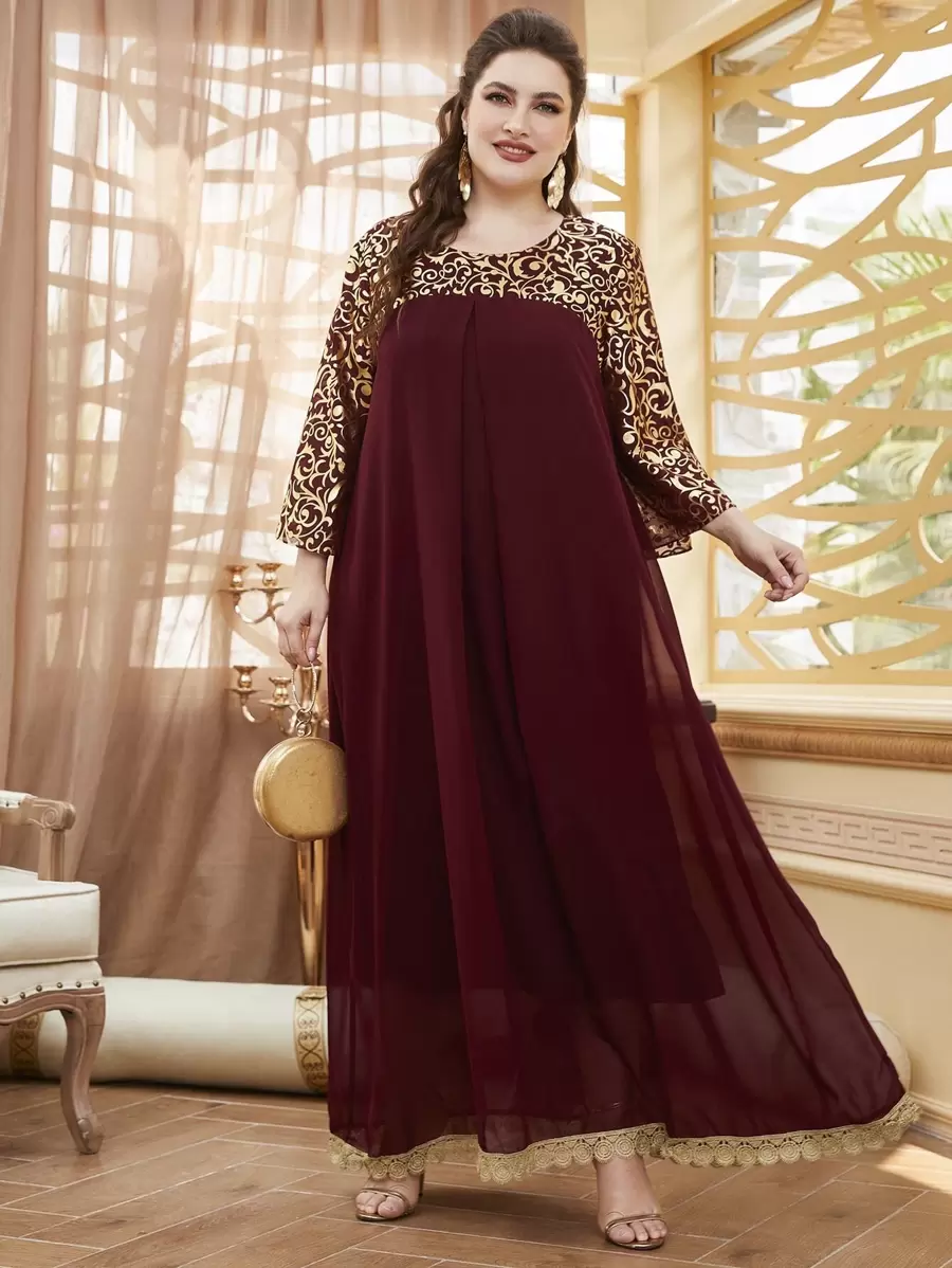 Lacomfia 勃艮第红色加大巴洛克印花连衣裙，适合圣诞节长款女装 - 酒紅色 - 查看 1