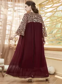 Lacomfia 勃艮第红色加大巴洛克印花连衣裙，适合圣诞节长款女装 - 酒紅色 - 查看 2