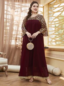 Lacomfia 勃艮第红色加大巴洛克印花连衣裙，适合圣诞节长款女装 - 酒紅色 - 查看 4