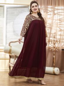 Lacomfia 勃艮第红色加大巴洛克印花连衣裙，适合圣诞节长款女装 - 酒紅色 - 查看 5