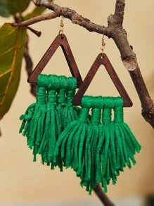 SHEIN VCAY Bông tai hình học & tua rua - màu xanh lá - Xem 2