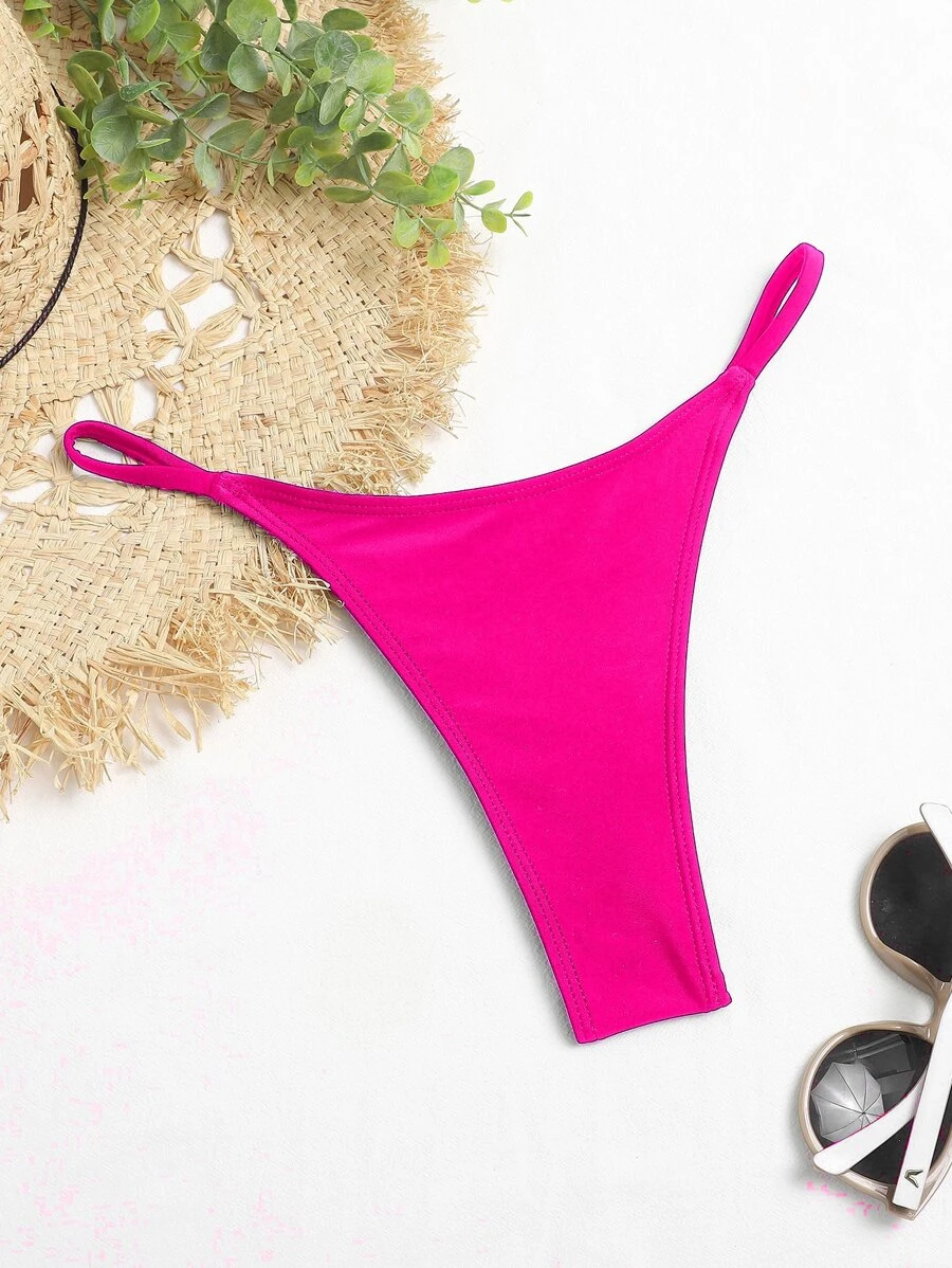 SHEIN Swim Summer Beach Neon Pink Tanga Bikini Bottom - Hot Pink - View 1