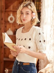 Knit Mix Áo dệt kim nữ Hoa Giải trí - Màu be - Xem 3