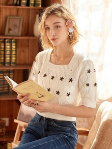 Knit Mix Áo dệt kim nữ Hoa Giải trí - Màu be - Xem 4