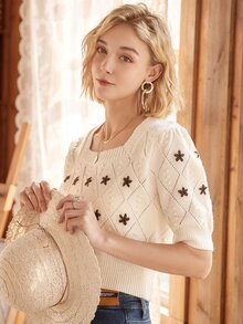 Knit Mix Áo dệt kim nữ Hoa Giải trí - Màu be - Xem 6