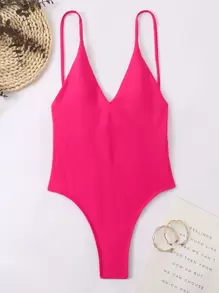 SHEIN Swim Summer Beach Tie Backless One Piece Swimsuit - Hot Pink - View 3
