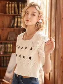Knit Mix Áo dệt kim nữ Hoa Giải trí - Màu be - Xem 7