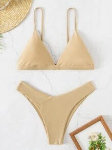 Plain Triangle Bikini For Summer Beach - Khaki - View 1