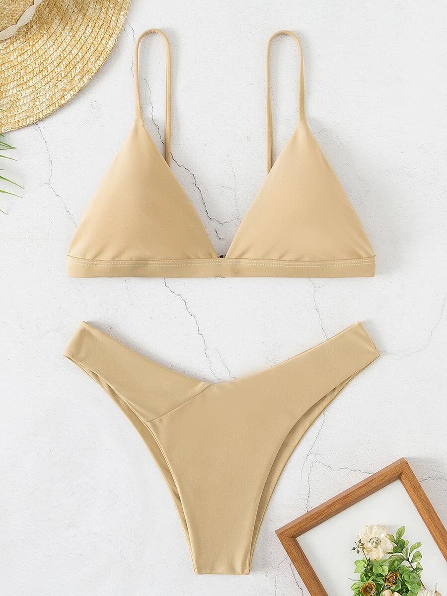 Plain Triangle Bikini For Summer Beach - Khaki - View 1