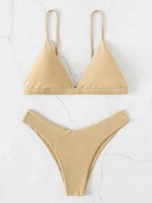 Plain Triangle Bikini For Summer Beach - Khaki - View 4