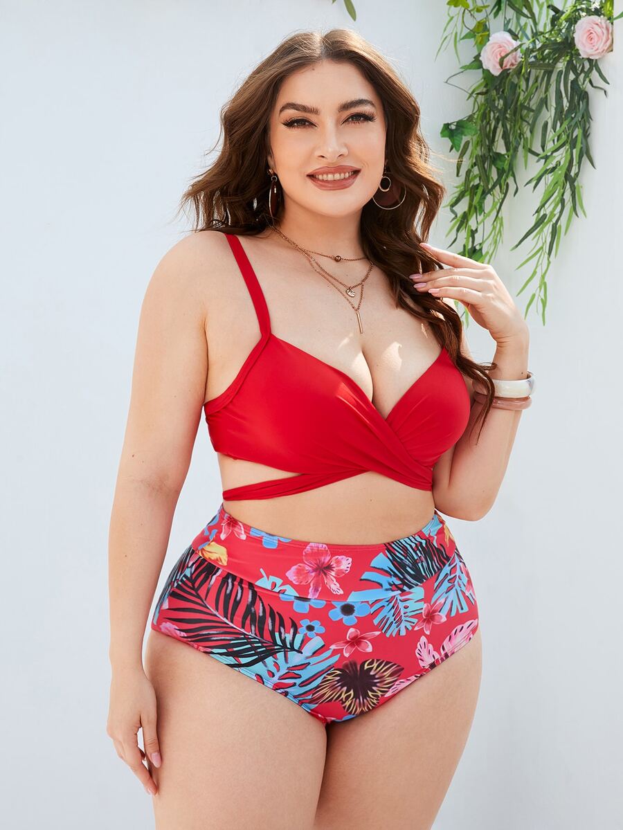 Plus Size Bộ bikini in họa tiết nhiệt đới đi biển mùa hè - Nhiều màu - Xem 1