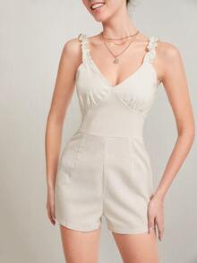 褶邊褶邊連身短褲 - 米色 - 查看 4