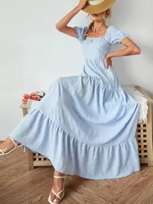 Square Neck A-Line Ruffle Hem Dress - Baby Blue - View 1