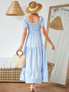 Square Neck A-Line Ruffle Hem Dress - Baby Blue - View 2