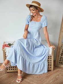 Square Neck A-Line Ruffle Hem Dress - Baby Blue - View 3