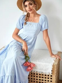 Square Neck A-Line Ruffle Hem Dress - Baby Blue - View 6