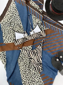 SHEIN Swim 斑馬條紋 V 型有線丁字褲比基尼套裝 - 彩色 - 查看 6