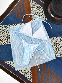 3packs Water Wave Print Bikini Set & Cover Up