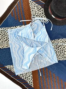 3packs Water Wave Print Bikini Set & Cover Up