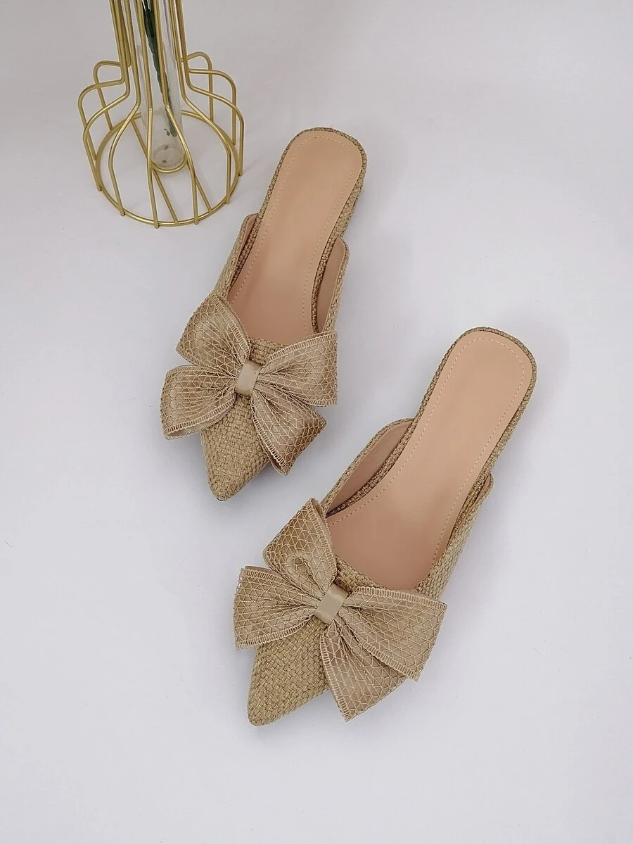 蝴蝶結裝飾針織平底穆勒鞋 - 卡其色 - 查看 1
