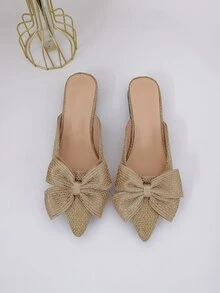 蝴蝶結裝飾針織平底穆勒鞋 - 卡其色 - 查看 3