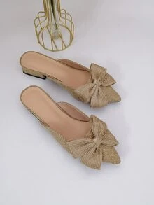 蝴蝶結裝飾針織平底穆勒鞋 - 卡其色 - 查看 5