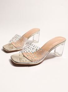 Rhinestone Decor Clear Chunky Heeled Mule Sandals