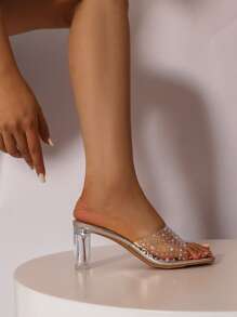Rhinestone Decor Clear Chunky Heeled Mule Sandals