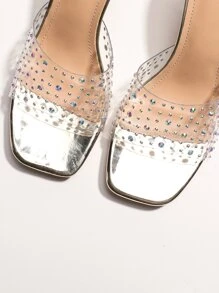 Rhinestone Decor Clear Chunky Heeled Mule Sandals