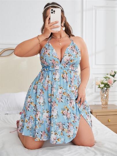 Plus Allover Floral Print Halter Neck Backless Knot Ruffle Hem Dress