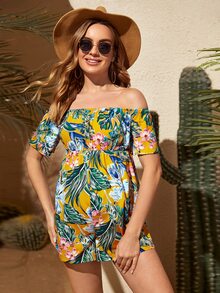 SHEIN Maternidad Mono con estampado tropical de hombros descubiertos - Multicolor - Ver 3