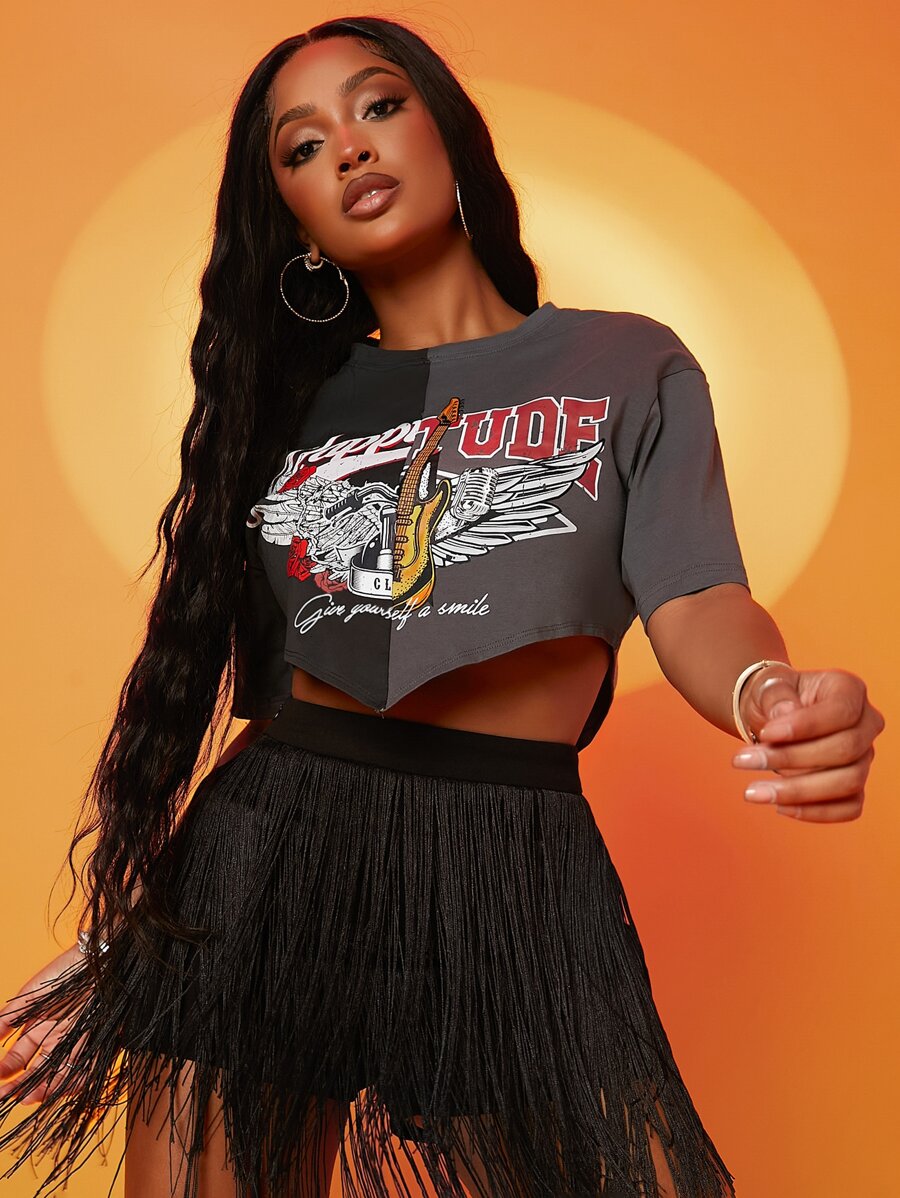 SHEIN SXY Áo thun nữ mép Pha lê kim cương Hoa Lá thư Giải trí - Nhiều màu - Xem 1